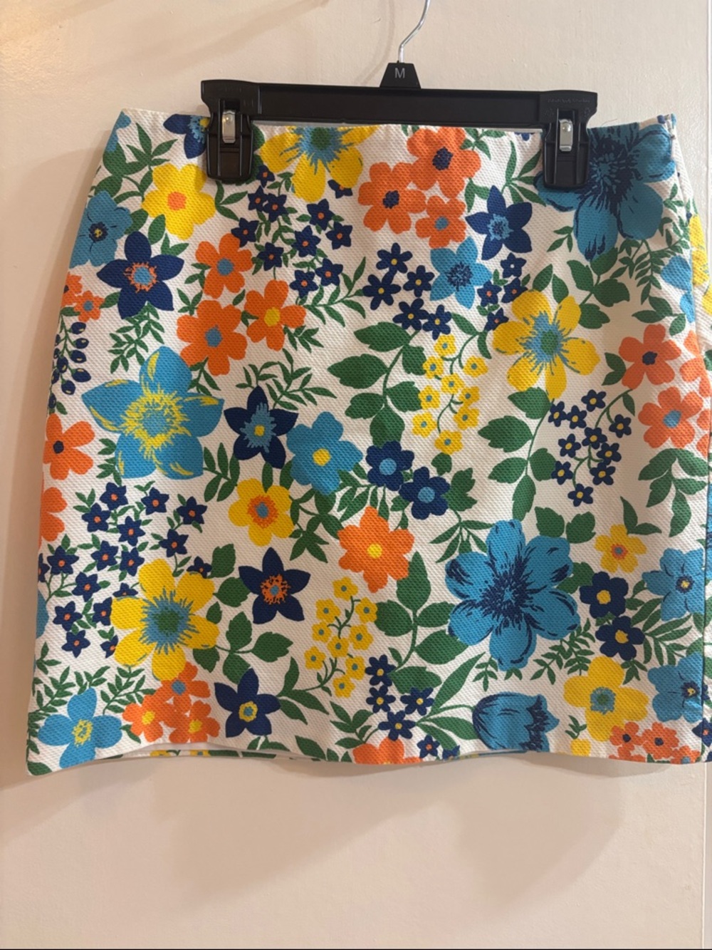 Floral Print A-Line Mini Skirt - White with Blue, Yellow & Orange Flowers